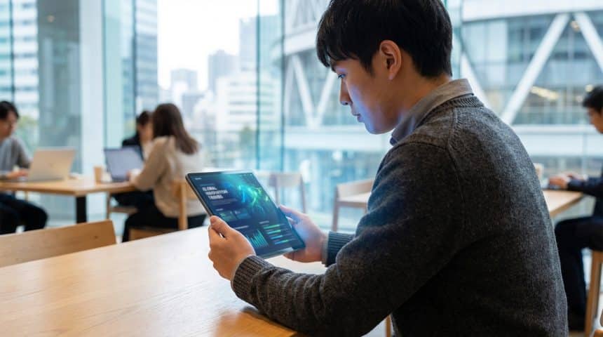 Jeune homme utilisant une tablette affichant "Global Innovation Trends" dans un bureau moderne, illustrant la veille d'actualité.