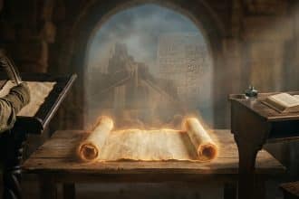 Main de scribe à la plume, parchemin lumineux ancien, pupitre avec livre, et ruines sumériennes avec écriture cunéiforme.