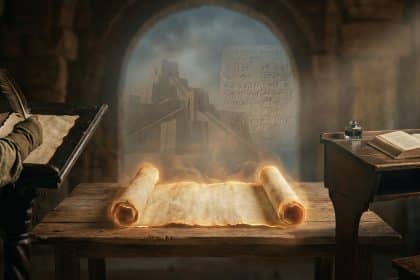 Main de scribe à la plume, parchemin lumineux ancien, pupitre avec livre, et ruines sumériennes avec écriture cunéiforme.