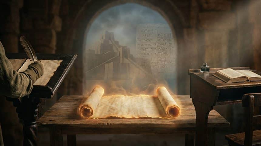 Main de scribe à la plume, parchemin lumineux ancien, pupitre avec livre, et ruines sumériennes avec écriture cunéiforme.