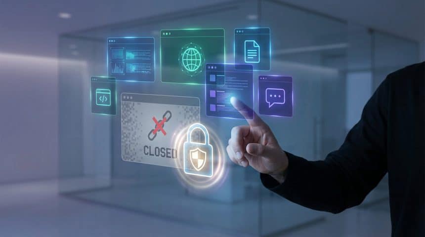 Main touchant une interface holographique affichant des fenêtres numériques, un cadenas de sécurité et un site « CLOSED ».