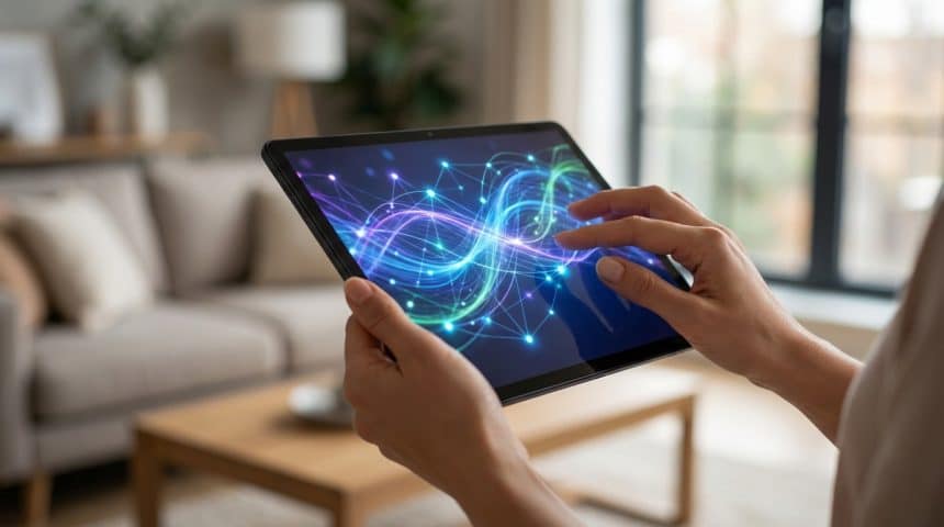 Mains tenant une tablette affichant un réseau lumineux abstrait. Une main touche l'écran. Fond flou de salon.