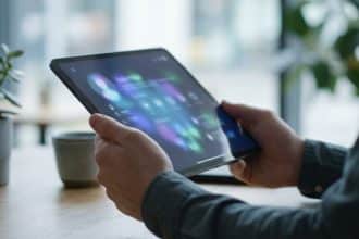 Mains tenant une tablette affichant un écran lumineux avec des icônes abstraites et colorées, sur fond flou de café.