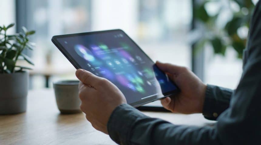 Mains tenant une tablette affichant un écran lumineux avec des icônes abstraites et colorées, sur fond flou de café.