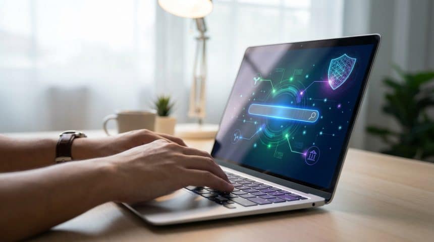 Une personne tape sur un ordinateur portable affichant une barre de recherche lumineuse, un bouclier de sécurité et des icônes numériques.