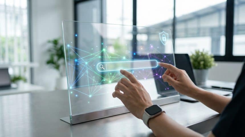 Main interagissant avec un écran transparent futuriste affichant une barre de recherche, un réseau de données et un cadenas de sécurité.