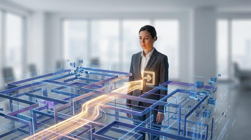 Une femme observe un labyrinthe numérique lumineux avec un chemin doré guidant vers une porte de sortie. Représente la navigation stratégique.