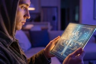 Jeune homme en sweat à capuche observant attentivement une tablette. L'écran lumineux montre un diagramme de numérologie avec chiffres et constellations.