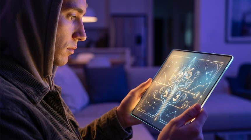 Jeune homme en sweat à capuche observant attentivement une tablette. L'écran lumineux montre un diagramme de numérologie avec chiffres et constellations.