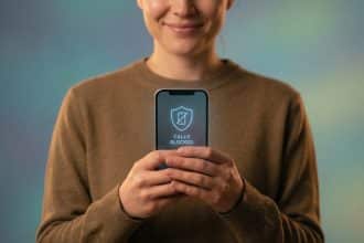 Une personne souriante tient un smartphone affichant un bouclier, un téléphone barré et le texte « CALLS BLOCKED ».