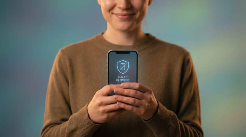 Une personne souriante tient un smartphone affichant un bouclier, un téléphone barré et le texte « CALLS BLOCKED ».