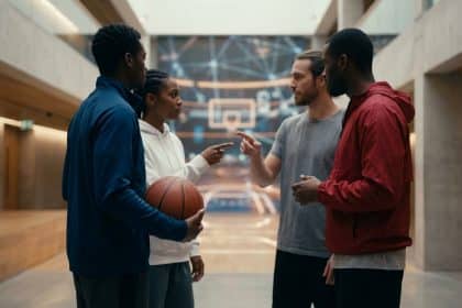 Quatre personnes, trois hommes et une femme, discutent en cercle sur un terrain de basket flou. Une femme tient un ballon. Deux personnes se pointent du doigt.