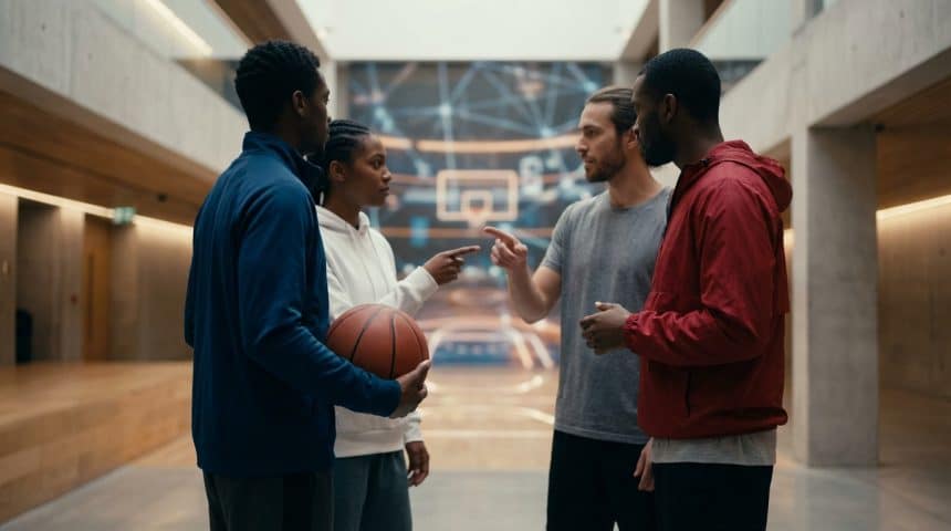Quatre personnes, trois hommes et une femme, discutent en cercle sur un terrain de basket flou. Une femme tient un ballon. Deux personnes se pointent du doigt.