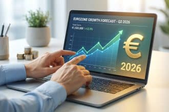 Un homme examine une prévision de croissance de l'Eurozone pour 2026 sur son laptop, avec un symbole euro et des gains affichés.