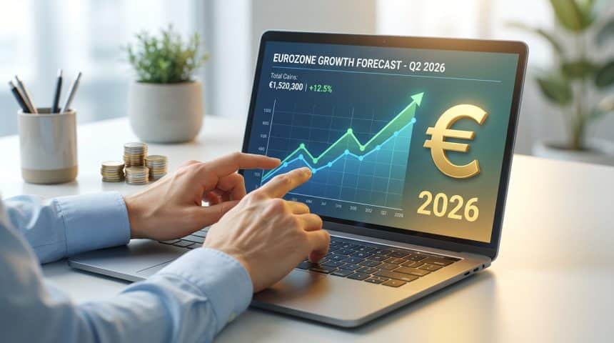 Un homme examine une prévision de croissance de l'Eurozone pour 2026 sur son laptop, avec un symbole euro et des gains affichés.