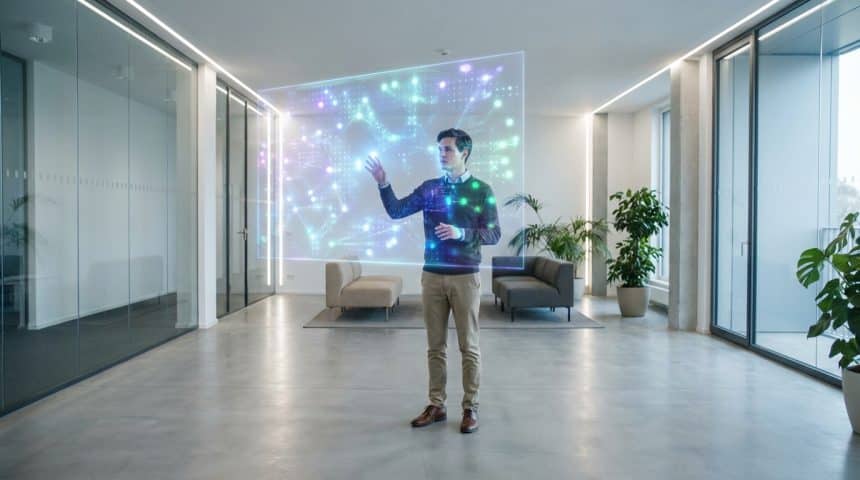 Un homme interagit avec un grand écran holographique lumineux affichant des données dans un bureau moderne.