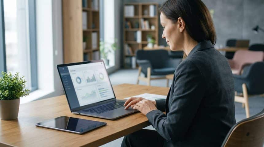 Femme professionnelle tapant sur un ordinateur portable affichant des graphiques et données. Bureau moderne avec tablette et plante.