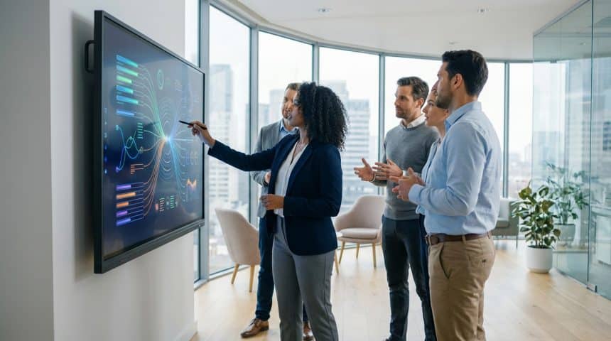 Une femme présente des données sur un écran interactif à quatre collègues attentifs dans un bureau moderne avec vue sur la ville.