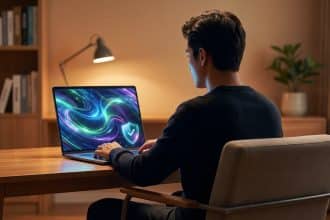 Homme utilisant un laptop, écran montrant des motifs lumineux abstraits et un bouclier de sécurité. Cadre de bureau chaleureux.