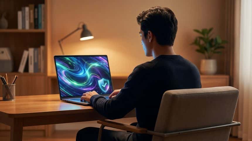 Homme utilisant un laptop, écran montrant des motifs lumineux abstraits et un bouclier de sécurité. Cadre de bureau chaleureux.
