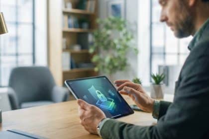 Homme utilisant une tablette avec icône de cadenas verrouillé, pour l'accès sécurisé à un coffre-fort numérique.