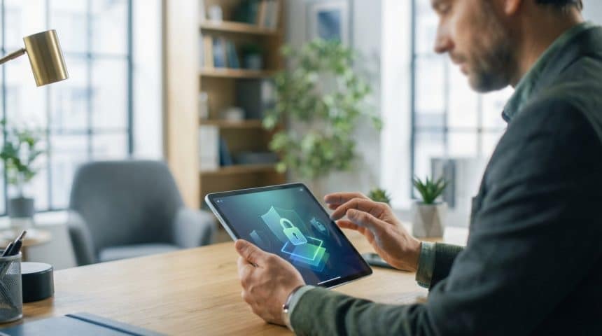 Homme utilisant une tablette avec icône de cadenas verrouillé, pour l'accès sécurisé à un coffre-fort numérique.