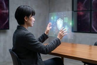 Une personne manipulant une interface holographique affichant un bouclier, symbole de sécurité, dans un bureau moderne.