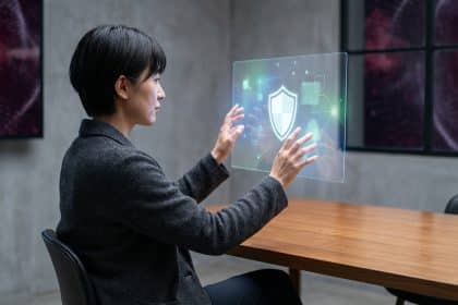 Une personne manipulant une interface holographique affichant un bouclier, symbole de sécurité, dans un bureau moderne.