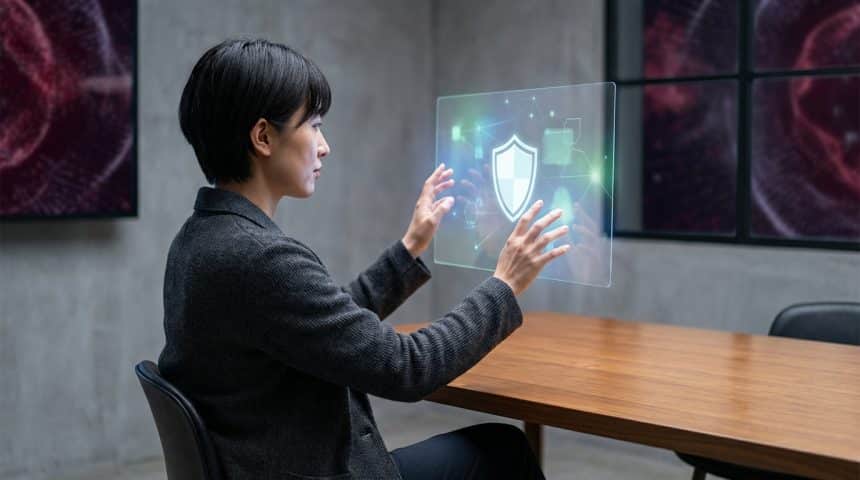 Une personne manipulant une interface holographique affichant un bouclier, symbole de sécurité, dans un bureau moderne.