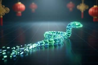 Serpent numérique lumineux vert-bleu sur une surface quadrillée. Sa queue se dissipe en pixels. Lanternes et nœuds chinois flous en fond.