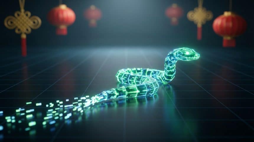 Serpent numérique lumineux vert-bleu sur une surface quadrillée. Sa queue se dissipe en pixels. Lanternes et nœuds chinois flous en fond.