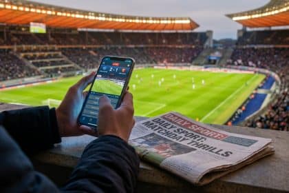 Personne dans un stade de foot tient un smartphone avec un match en direct. Un journal "Daily Sport" est posé à côté.
