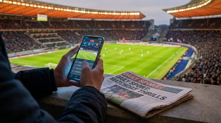 Personne dans un stade de foot tient un smartphone avec un match en direct. Un journal "Daily Sport" est posé à côté.