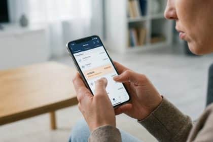 Gros plan sur une personne tenant un smartphone affichant un relevé bancaire, un prélèvement de 108 € est mis en évidence.