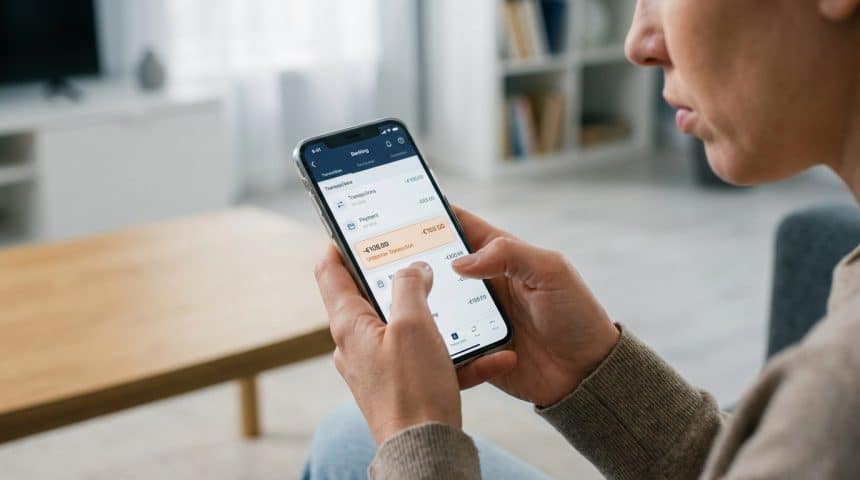 Gros plan sur une personne tenant un smartphone affichant un relevé bancaire, un prélèvement de 108 € est mis en évidence.