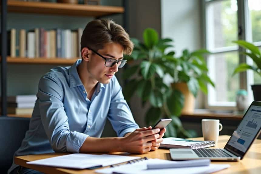 Jeune homme travaillant sur smartphone et ordinateur portable