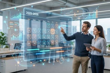 Professionnels analysant un calendrier marketing numérique holographique 2025-2026 dans un bureau moderne.
