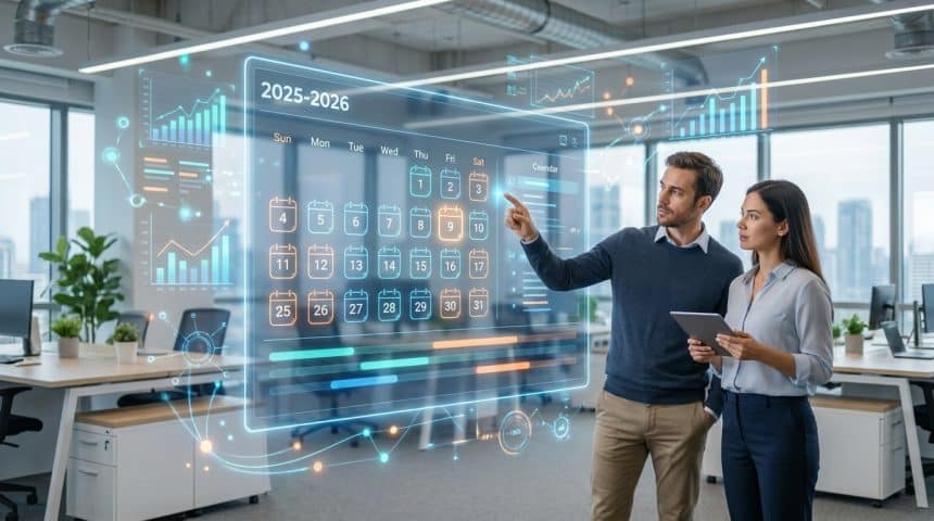 Professionnels analysant un calendrier marketing numérique holographique 2025-2026 dans un bureau moderne.