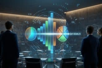 Équipe d'affaires regardant une interface holographique de données avec des graphiques et la mention « Q4 GOALS ».