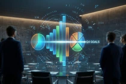 Équipe d'affaires regardant une interface holographique de données avec des graphiques et la mention « Q4 GOALS ».