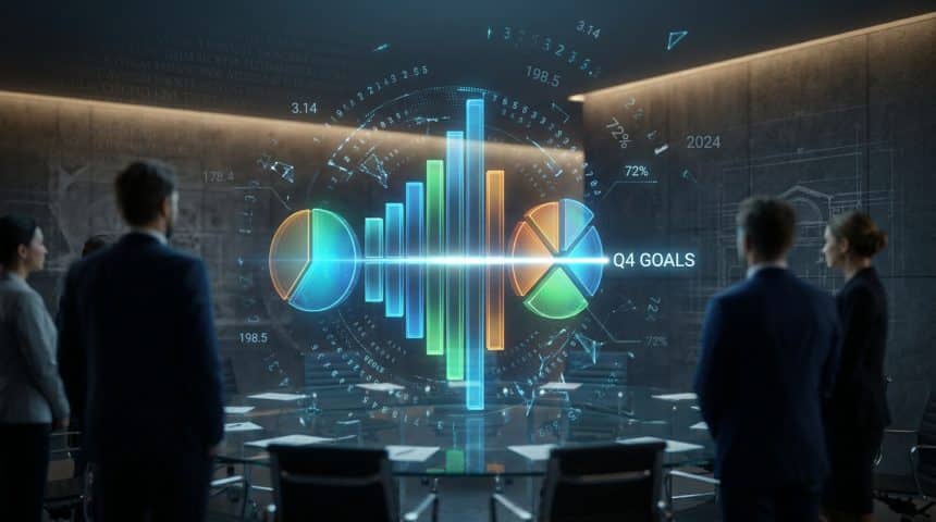 Équipe d'affaires regardant une interface holographique de données avec des graphiques et la mention « Q4 GOALS ».