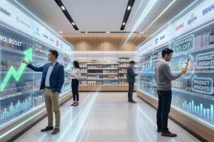Des professionnels interagissent avec des données numériques en réalité augmentée dans les rayons d'un supermarché.