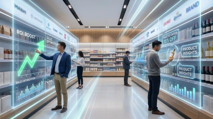 Des professionnels interagissent avec des données numériques en réalité augmentée dans les rayons d'un supermarché.