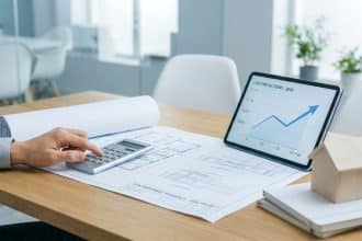 Main utilisant une calculatrice sur un plan architectural avec une tablette affichant un graphique de hausse des coûts.