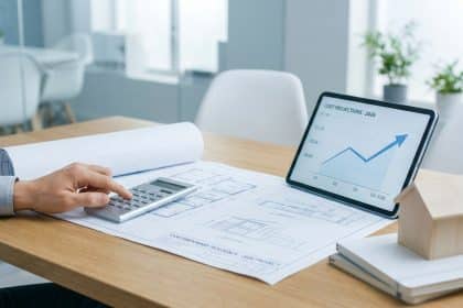 Main utilisant une calculatrice sur un plan architectural avec une tablette affichant un graphique de hausse des coûts.