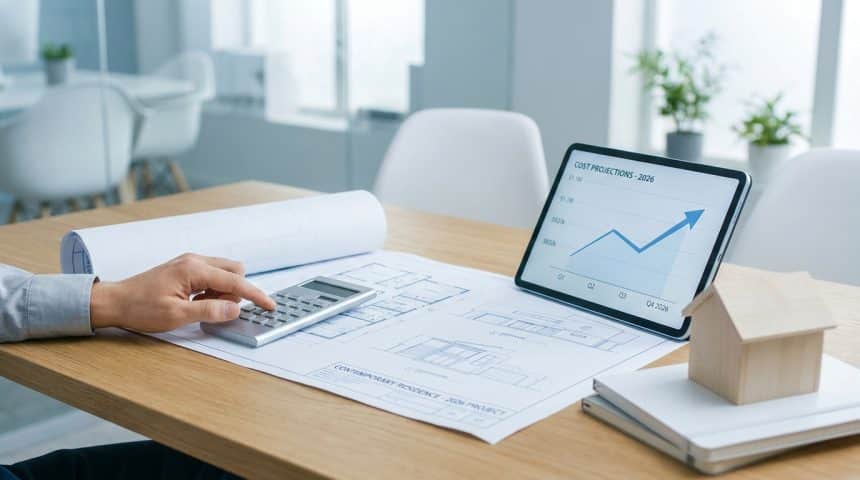 Main utilisant une calculatrice sur un plan architectural avec une tablette affichant un graphique de hausse des coûts.