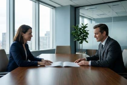 Deux professionnels en costume assis face à face à une table de réunion en train de consulter un contrat.