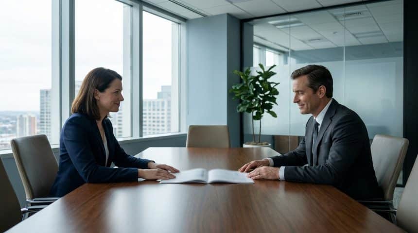 Deux professionnels en costume assis face à face à une table de réunion en train de consulter un contrat.