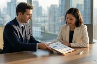 Homme et femme d'affaires examinant un document avec des graphiques dans un bureau moderne avec vue sur la ville.