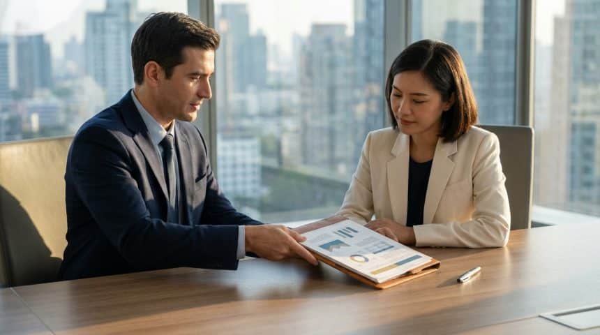 Homme et femme d'affaires examinant un document avec des graphiques dans un bureau moderne avec vue sur la ville.